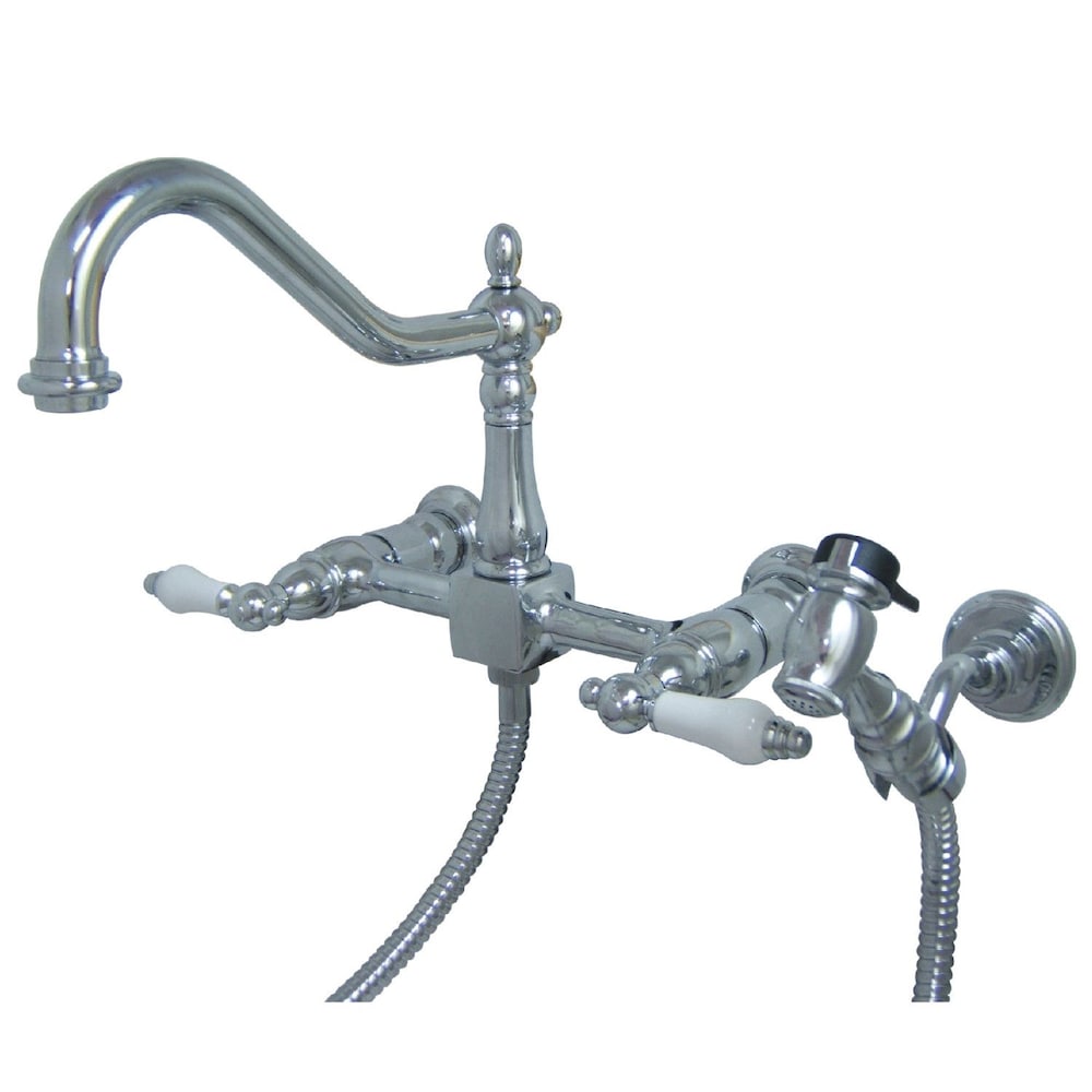 Robinet de cuisine standard à levier en porcelaine victorienne à 2 poignées et montage mural avec pulvérisateur latéral en chrome