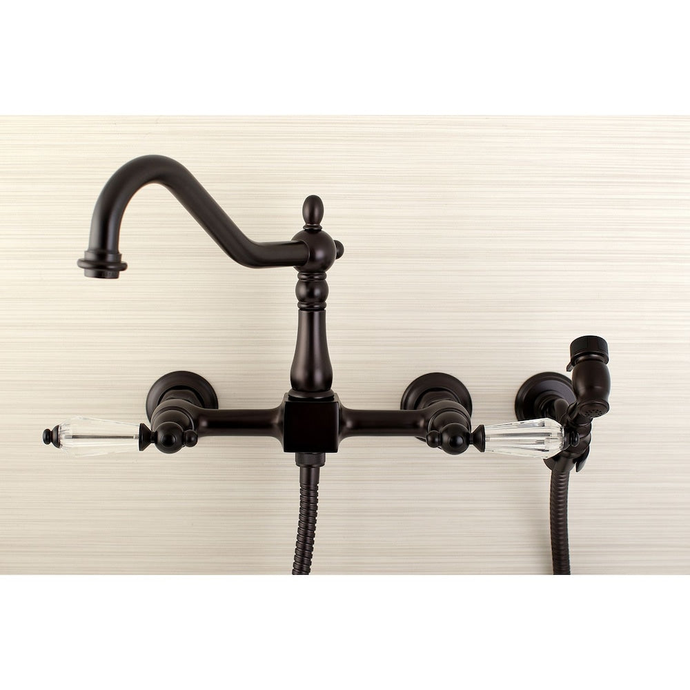 Robinet de cuisine standard à 2 poignées en cristal victorien avec pulvérisateur latéral en bronze huilé