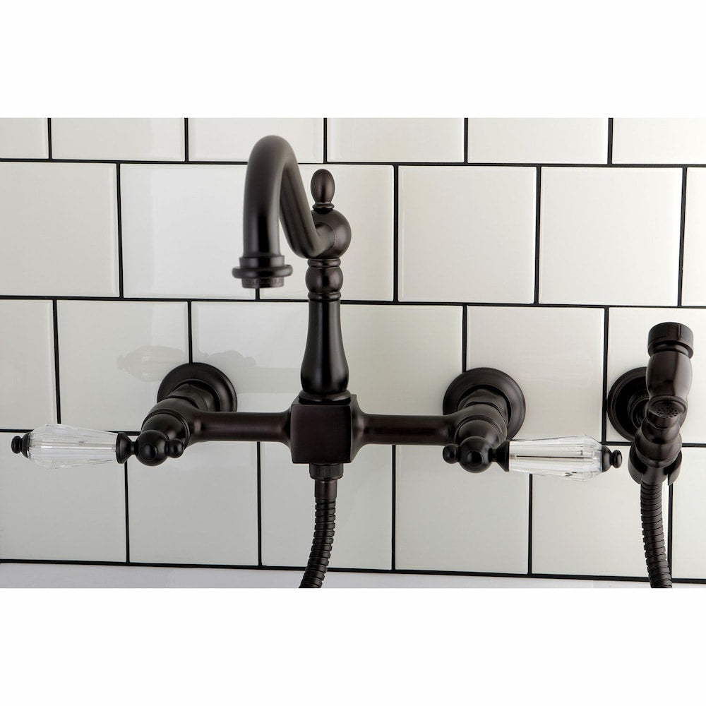 Robinet de cuisine standard à 2 poignées en cristal victorien avec pulvérisateur latéral en bronze huilé