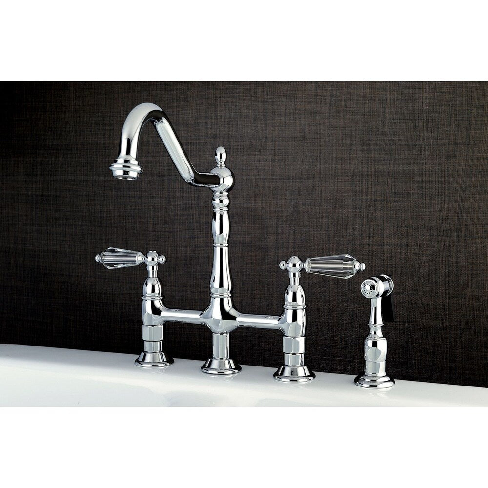 Victorian Crystal 2-Handle Bridge Kitchen Faucet with Side Sprayer in Chrome
