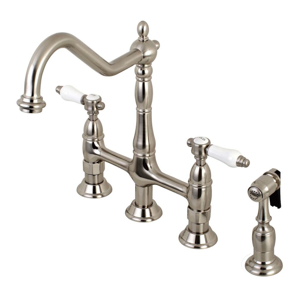 Robinet de cuisine à 2 poignées en porcelaine victorienne avec pulvérisateur latéral en nickel satiné