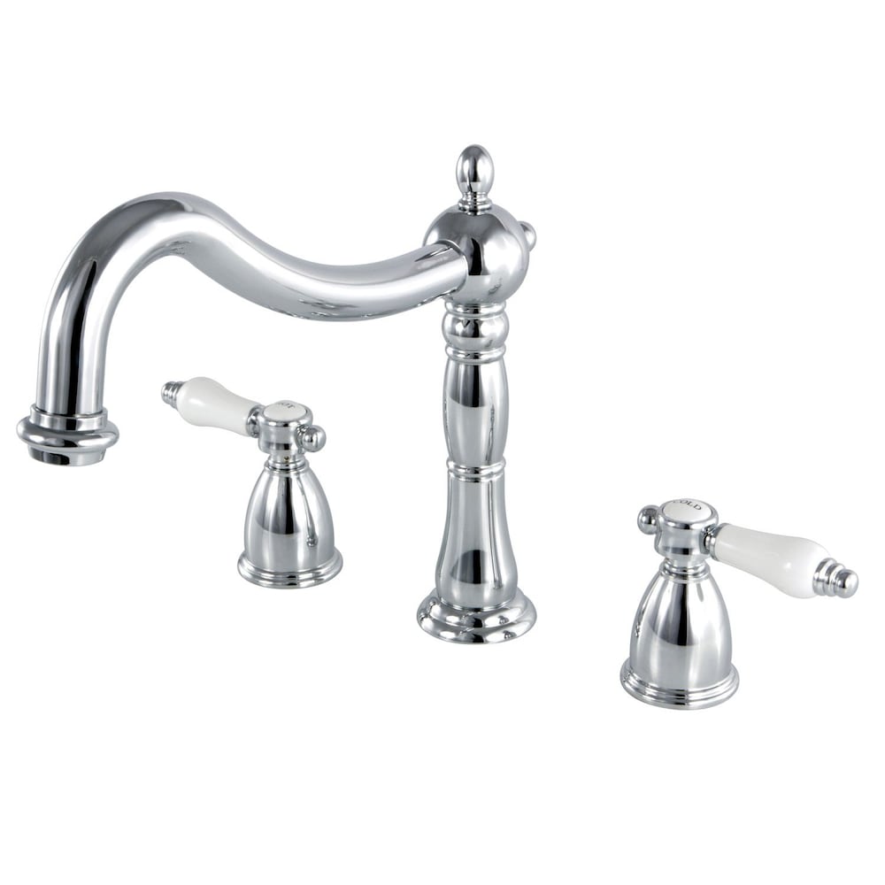 Robinet de baignoire romaine à 2 poignées en porcelaine victorienne à montage sur pont en chrome poli