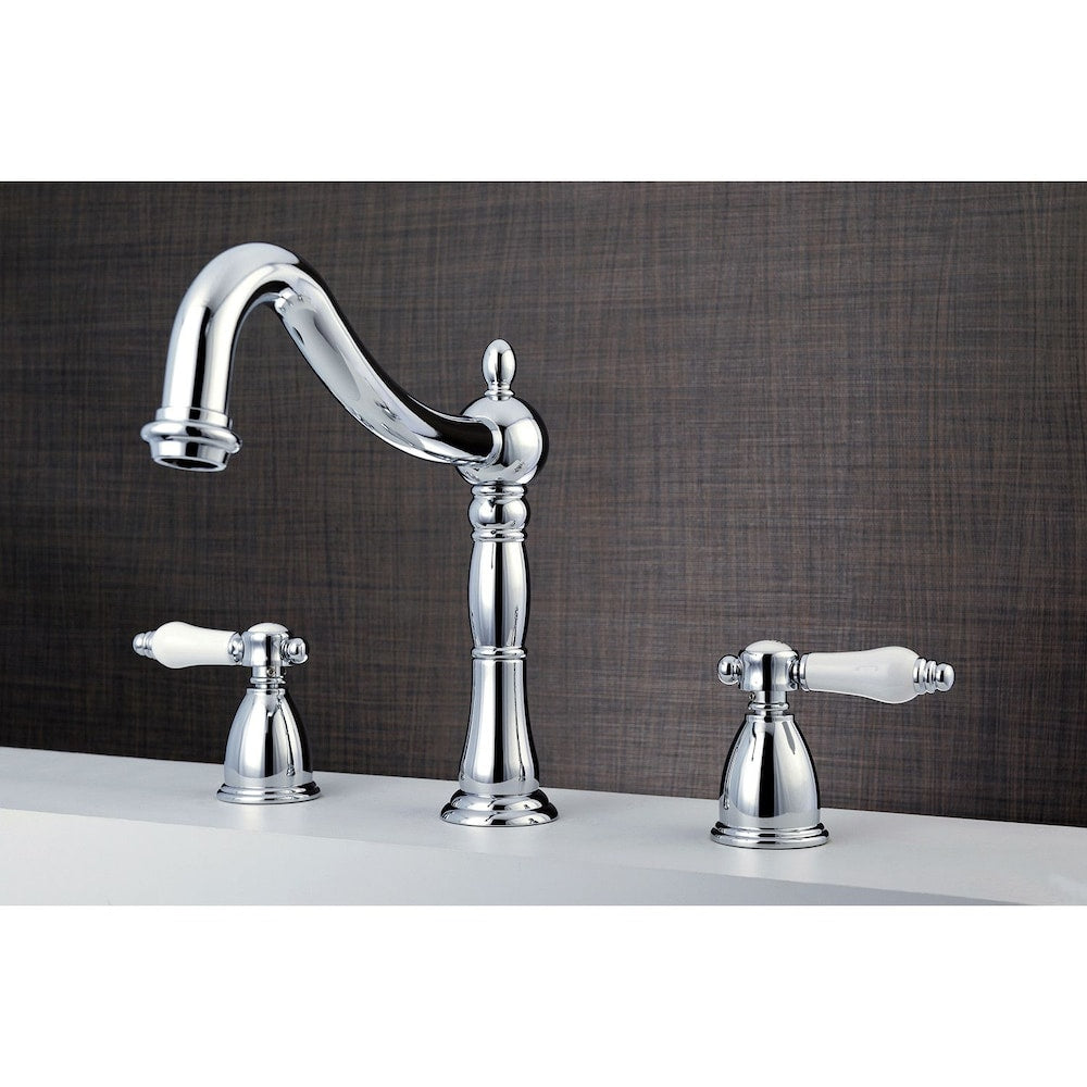 Robinet de baignoire romaine à 2 poignées en porcelaine victorienne à montage sur pont en chrome poli