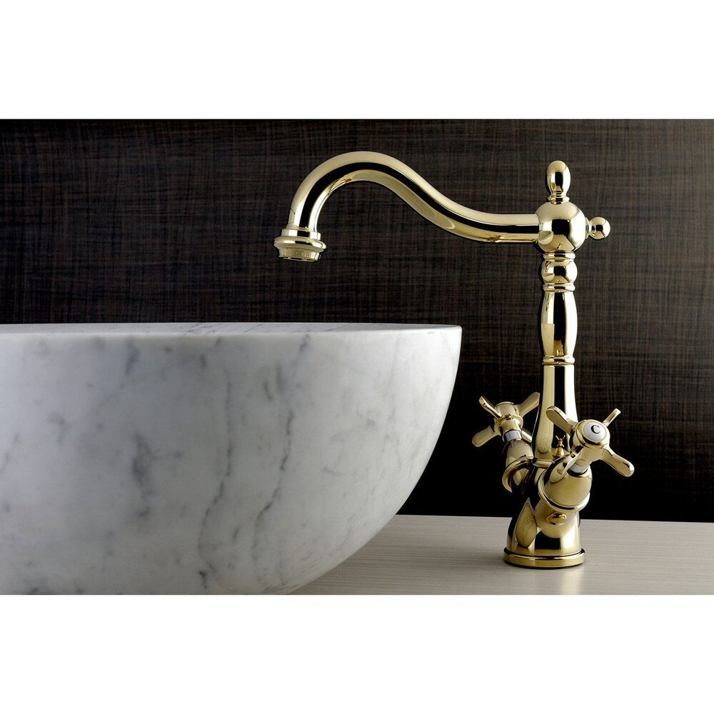 Robinet de salle de bain à arc élevé à 2 poignées et à trou unique en croix victorienne en laiton poli