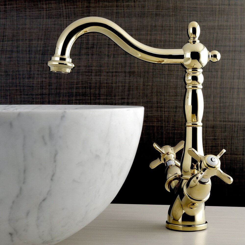 Robinet de salle de bain à arc élevé à 2 poignées et à trou unique en croix victorienne en laiton poli