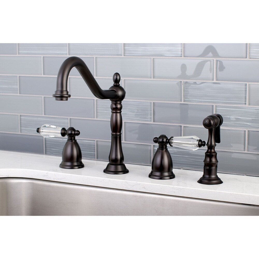 Robinet de cuisine standard à 2 poignées en cristal vintage avec pulvérisateur latéral en bronze huilé