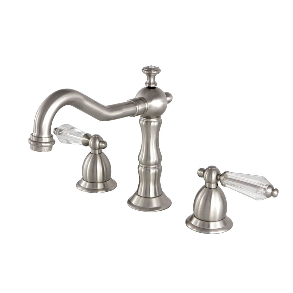 Transitional Crystal 8 in. Widespread 2-Handle High-Arc Bathroom Faucet in Satin Nickel