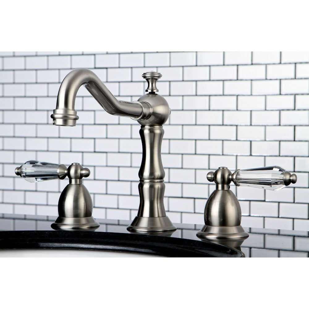 Transitional Crystal 8 in. Widespread 2-Handle High-Arc Bathroom Faucet in Satin Nickel
