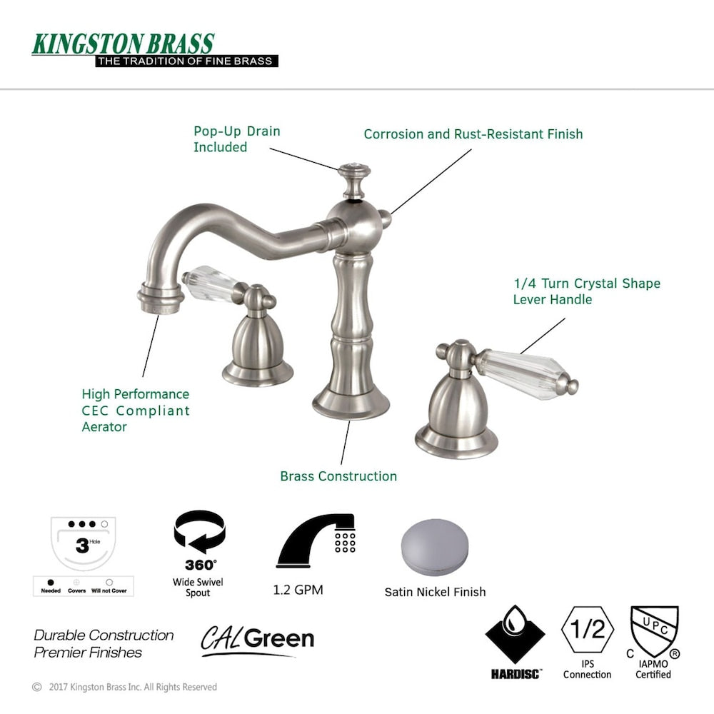 Transitional Crystal 8 in. Widespread 2-Handle High-Arc Bathroom Faucet in Satin Nickel