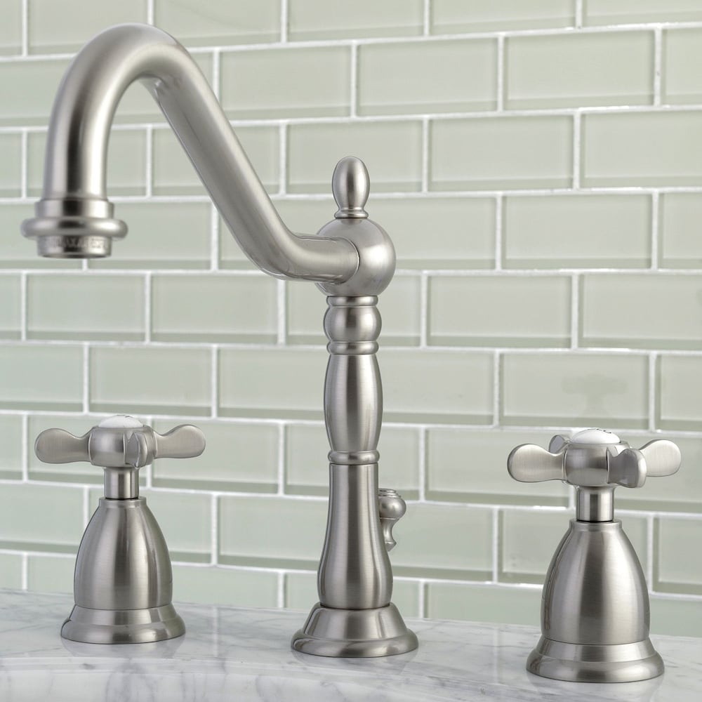 Victorian Cross 8 in. Widespread 2-Handle Bathroom Faucet in Satin Nickel