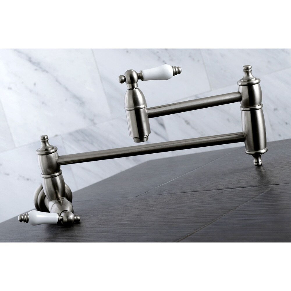 Wall-Mounted Potfiller with Porcelain Handles in Satin Nickel