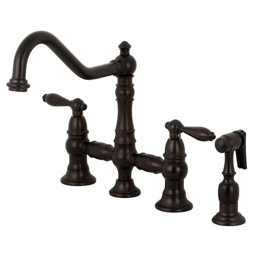 Robinet de cuisine à 2 poignées avec douchette latérale Restoration en bronze huilé
