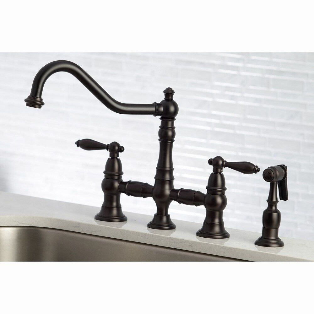 Robinet de cuisine à 2 poignées avec douchette latérale Restoration en bronze huilé