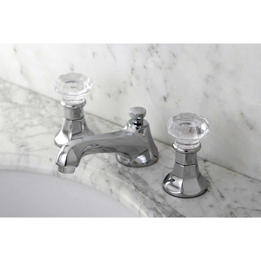 Robinet de salle de bain à arc moyen à 2 poignées et à large entraxe de 8 po en cristal en chrome poli