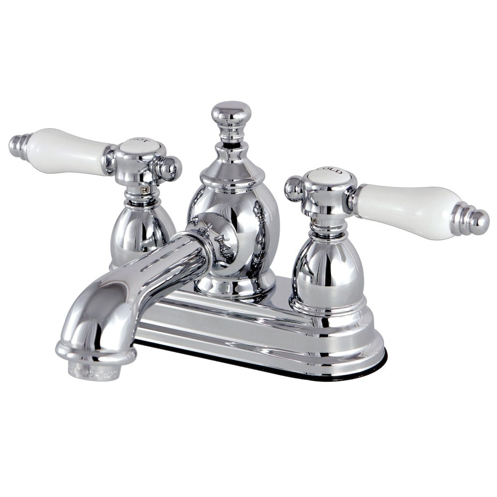 Robinet de salle de bain à arc moyen à 2 poignées et à centre central de 4 po en porcelaine vintage en chrome