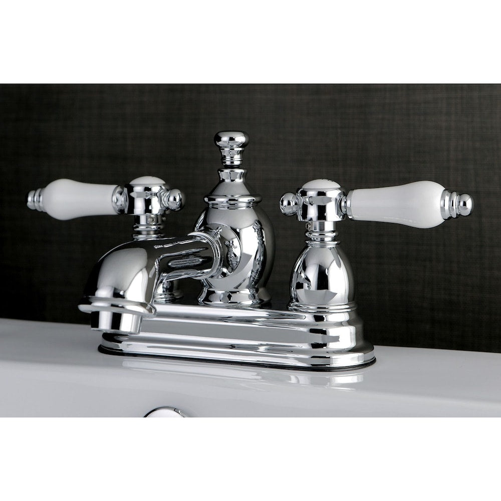 Robinet de salle de bain à arc moyen à 2 poignées et à centre central de 4 po en porcelaine vintage en chrome