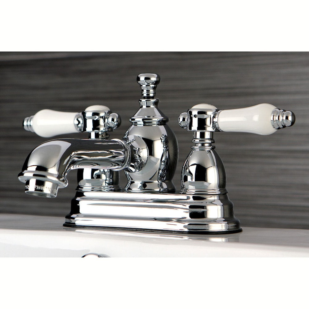 Robinet de salle de bain à arc moyen à 2 poignées et à centre central de 4 po en porcelaine vintage en chrome
