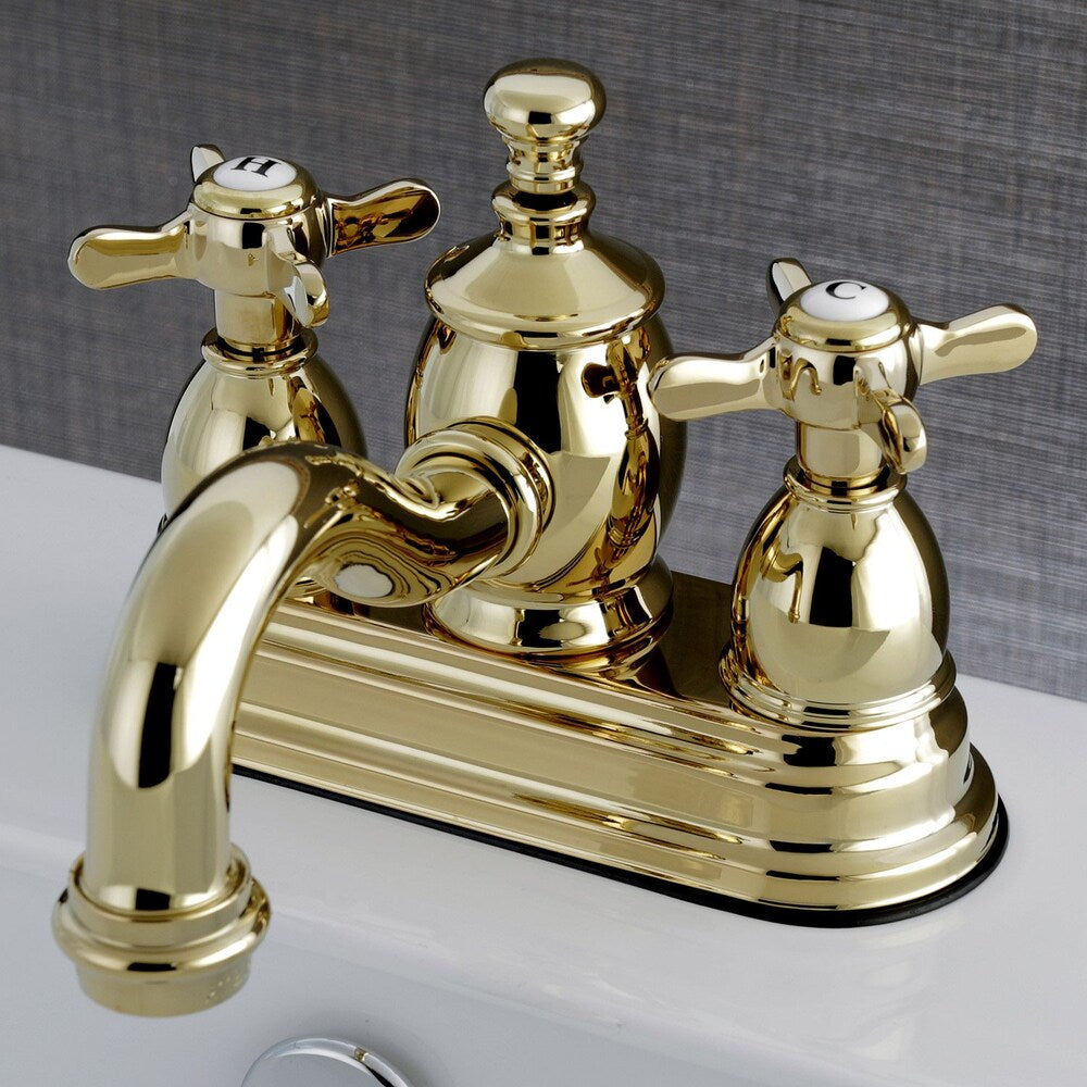 Robinet de salle de bain à arc moyen à 2 poignées et à centre French Cross de 4 po en laiton poli