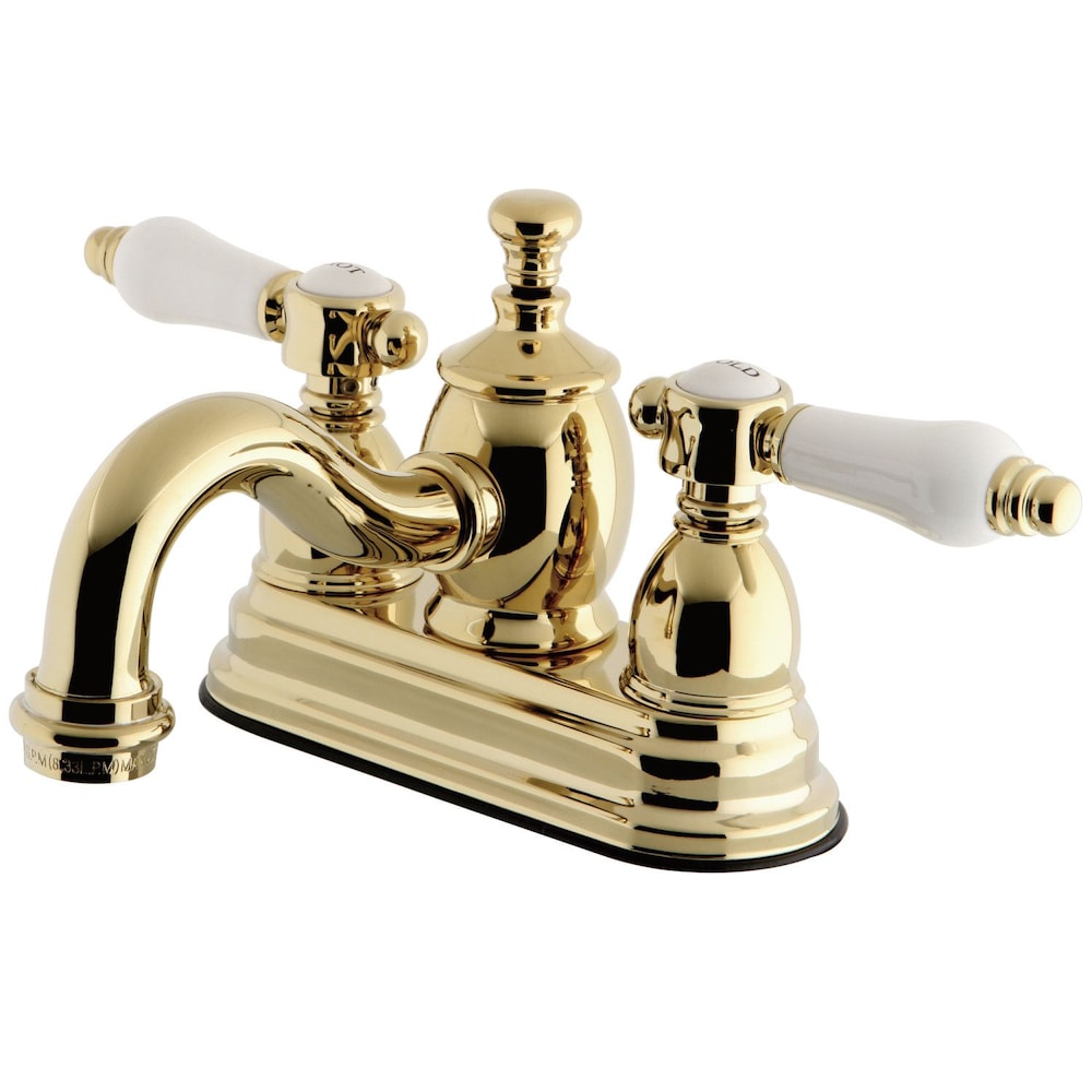 French Porclain 4 in. Centerset 2-Handle Mid-Arc Bathroom Faucet in Polished Brass