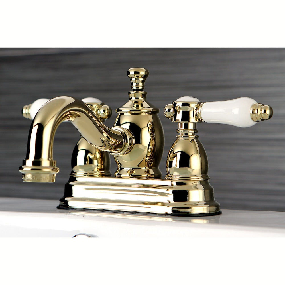 French Porclain 4 in. Centerset 2-Handle Mid-Arc Bathroom Faucet in Polished Brass