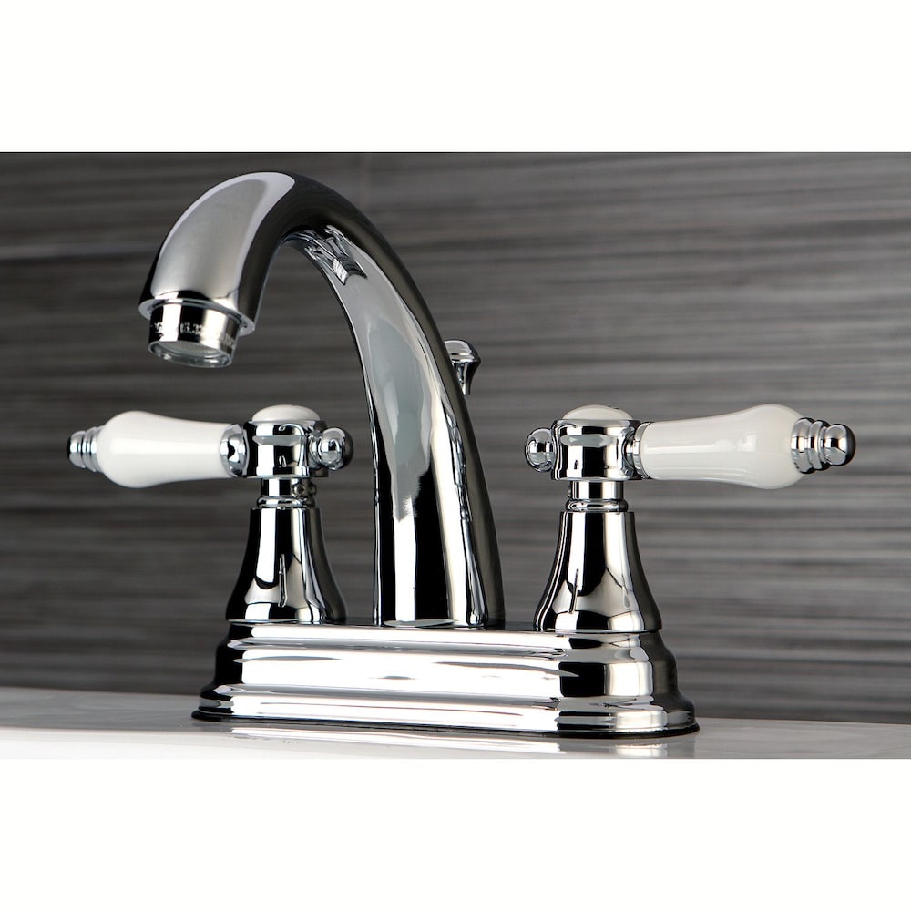 Robinet de salle de bain à arc élevé à 2 poignées et à centre central de 4 po en porcelaine anglaise en chrome