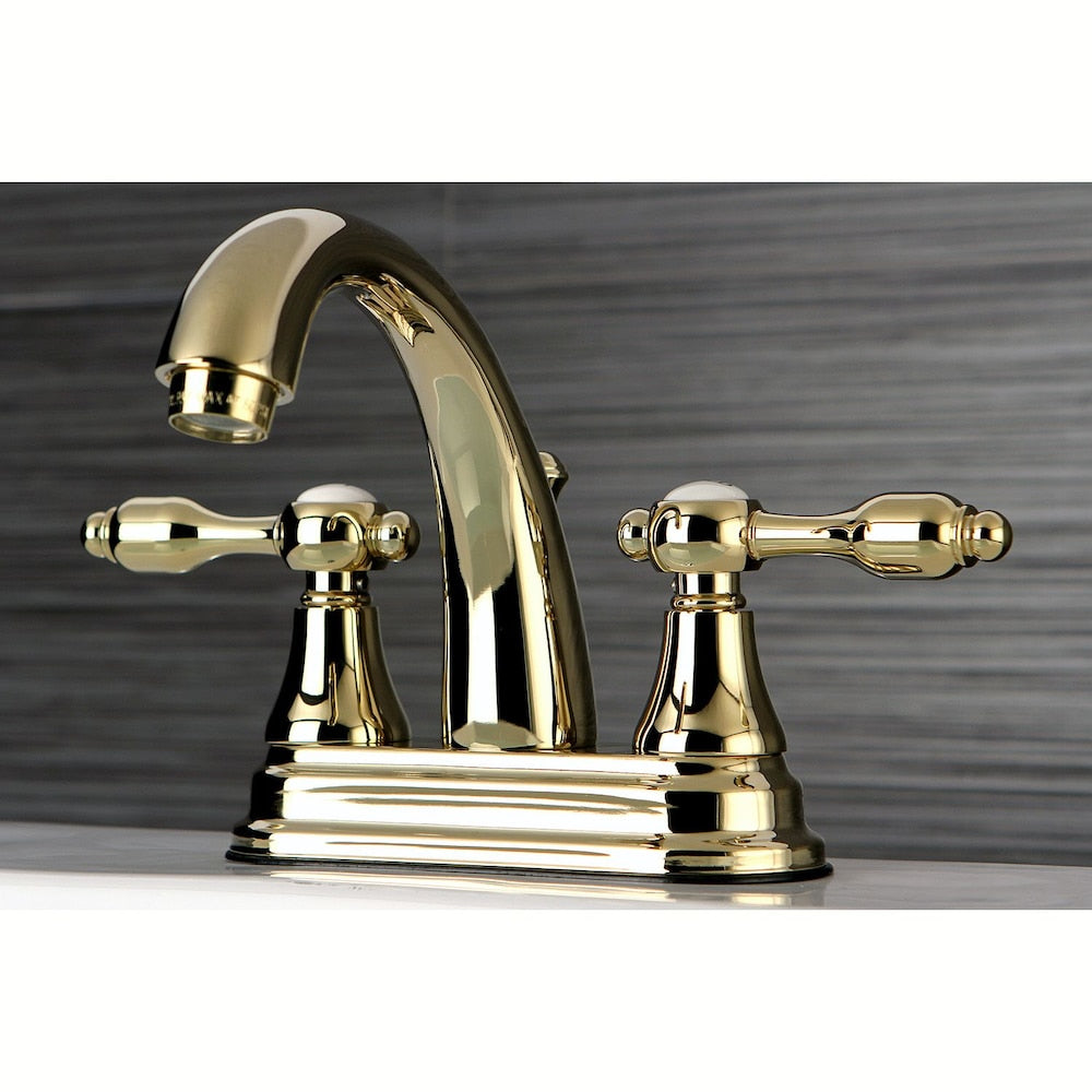 Tudor 4 in. Centerset 2-Handle High-Arc Bathroom Faucet in Polished Brass