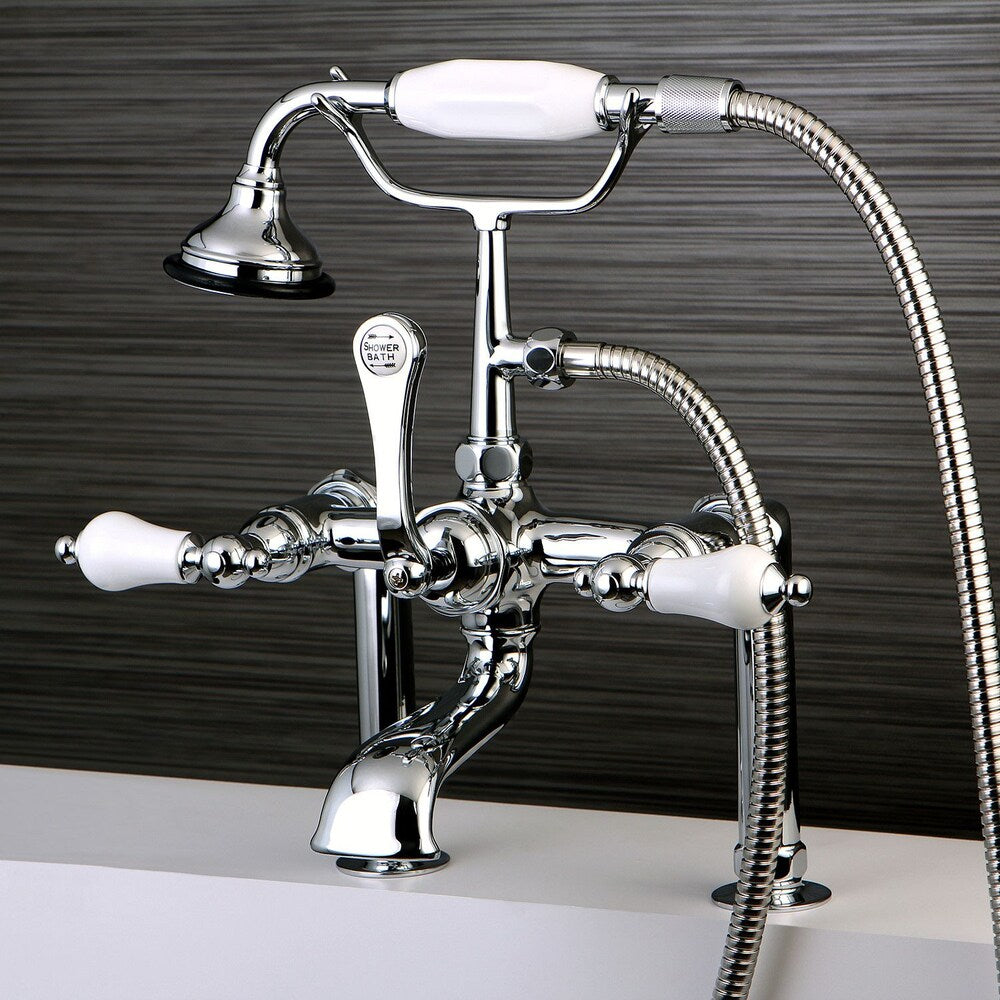 Robinet de baignoire à 3 poignées avec levier en porcelaine et douchette à main en chrome poli