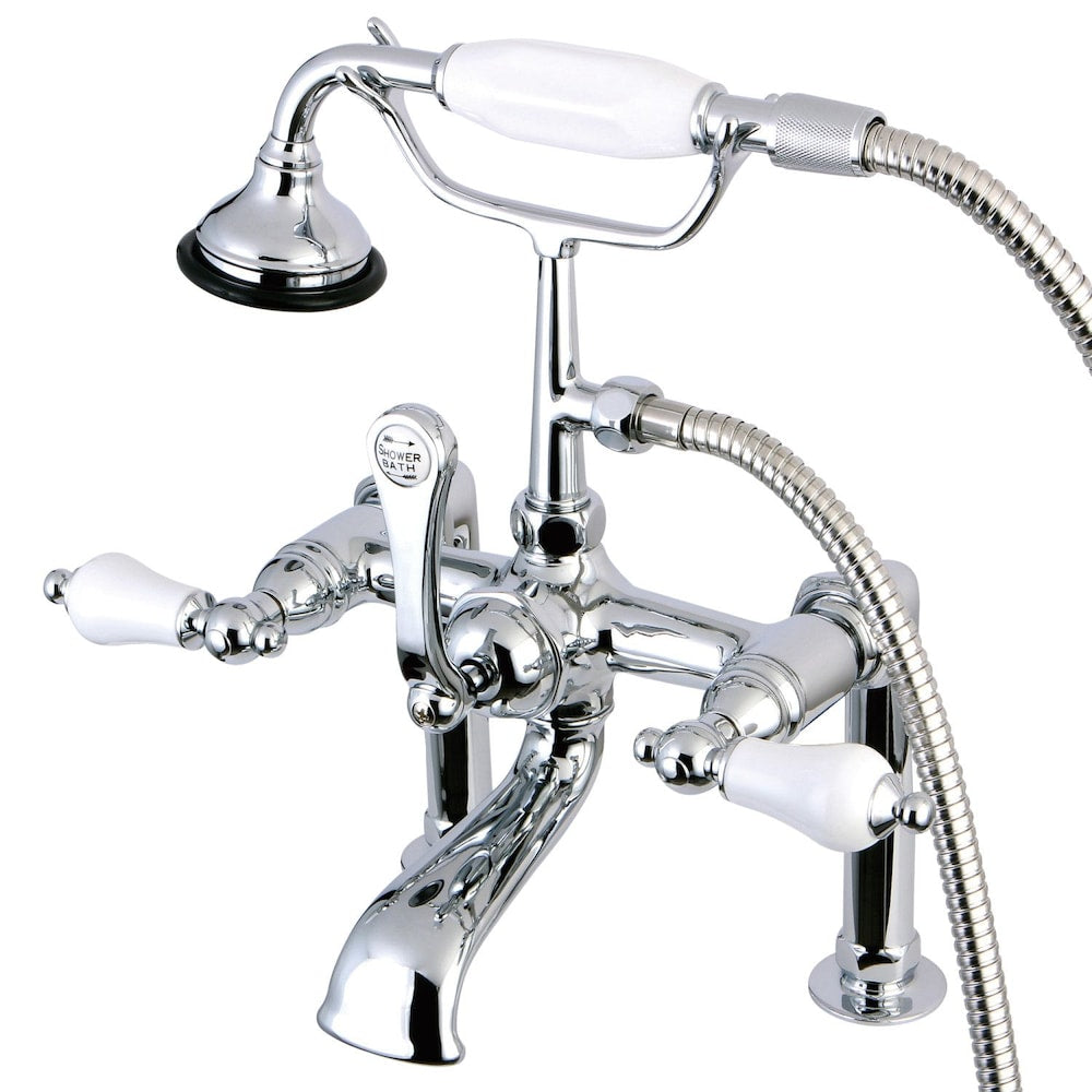 Robinet de baignoire à 3 poignées avec levier en porcelaine et douchette à main en chrome poli