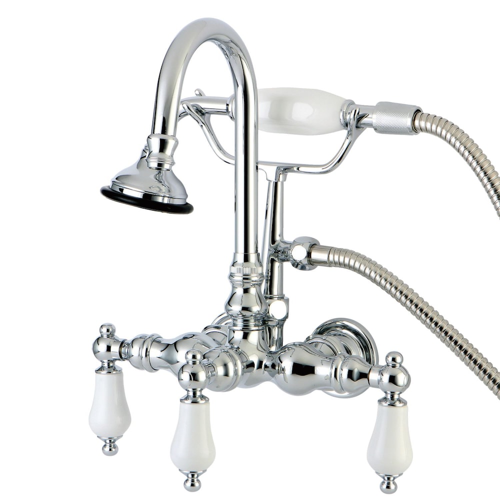 Robinet de baignoire à 3 poignées avec levier en porcelaine et douchette à main en chrome poli