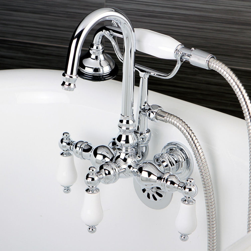Robinet de baignoire à 3 poignées avec levier en porcelaine et douchette à main en chrome poli