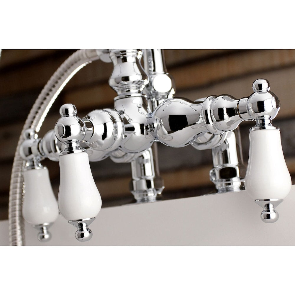 Robinet de baignoire à 3 poignées avec levier en porcelaine et douchette en chrome poli