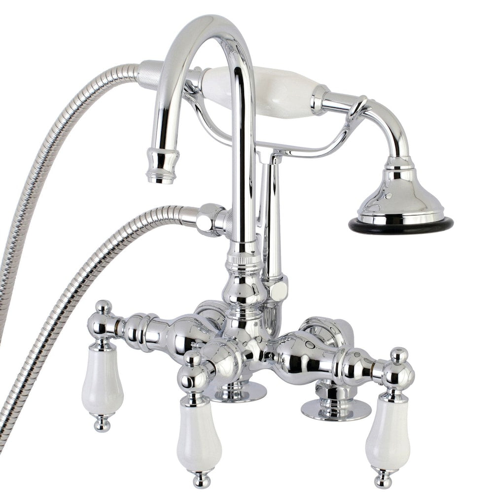 Robinet de baignoire à 3 poignées avec levier en porcelaine et douchette en chrome poli