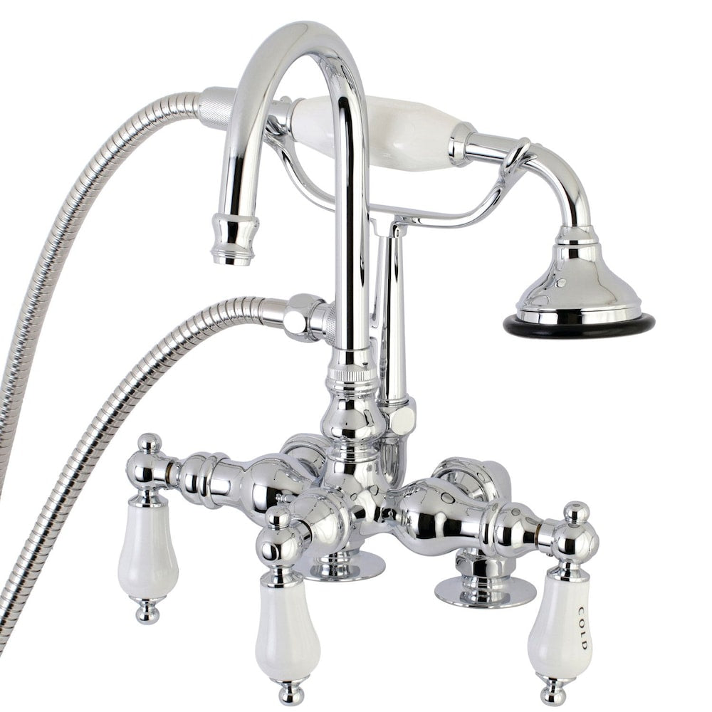 Robinet de baignoire à 3 poignées et levier en porcelaine vintage avec douchette en chrome poli