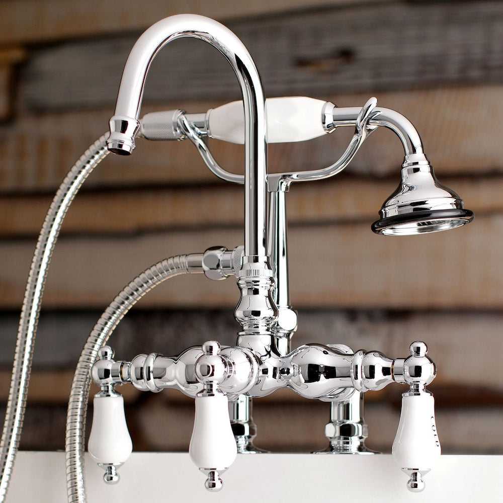 Robinet de baignoire à 3 poignées et levier en porcelaine vintage avec douchette en chrome poli