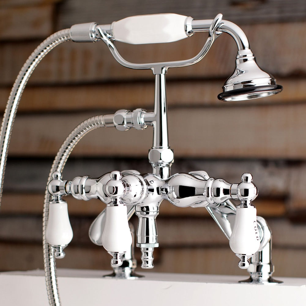 Robinet de baignoire à pattes à levier classique vintage à 3 poignées avec douchette en chrome poli