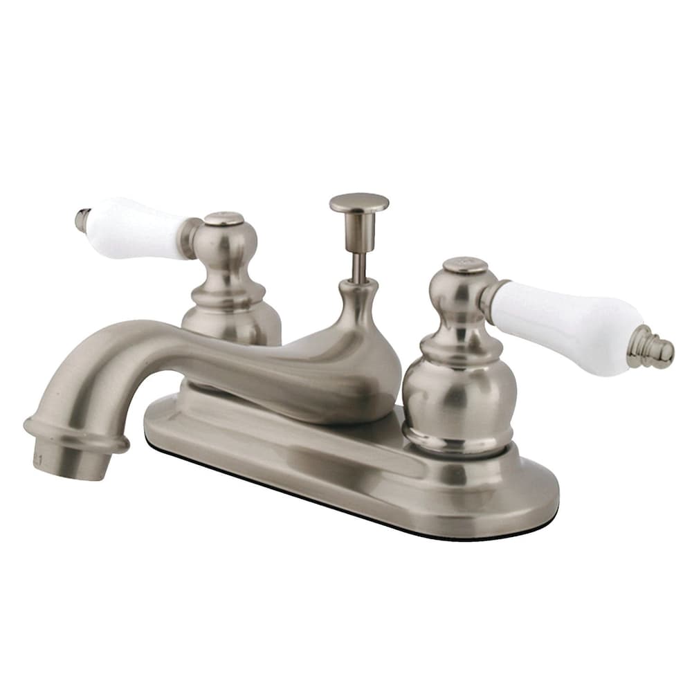 Robinet de salle de bain à arc bas et à 2 poignées en porcelaine de 4 po en nickel satiné