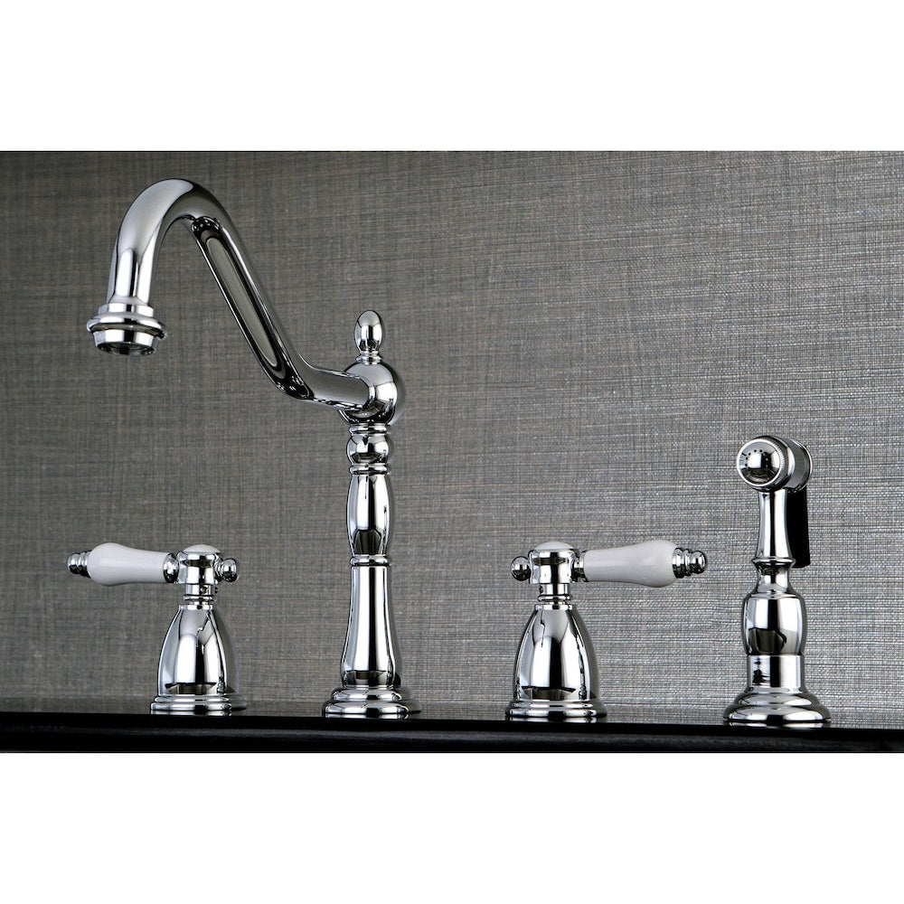 Robinet de cuisine standard à 2 poignées en porcelaine victorienne avec pulvérisateur latéral en chrome