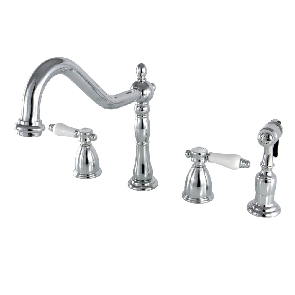 Robinet de cuisine standard à 2 poignées en porcelaine victorienne avec pulvérisateur latéral en chrome