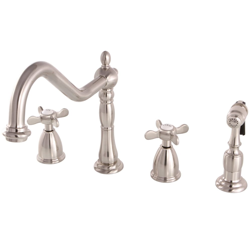 Robinet de cuisine standard à 2 poignées avec douchette latérale en nickel satiné de style victorien