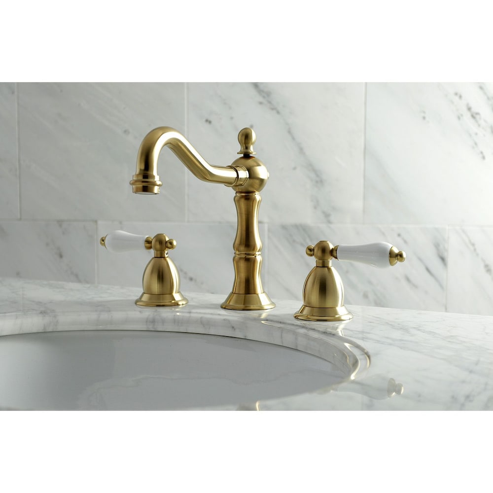 Victorian Polished Lever 8 in. Widespread 2-Handle Bathroom Faucet in Satin Brass