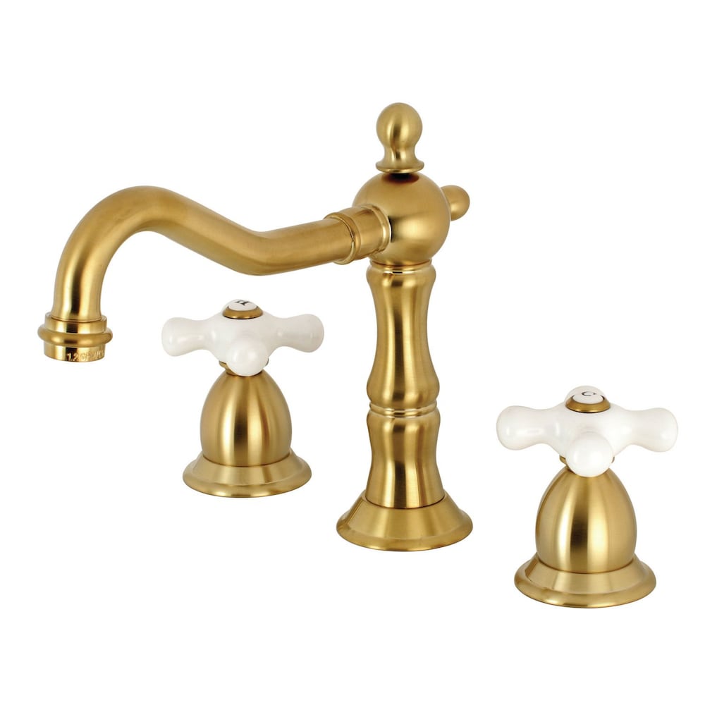 Victorian Polished Cross 8 in. Widespread 2-Handle Bathroom Faucet in Satin Brass