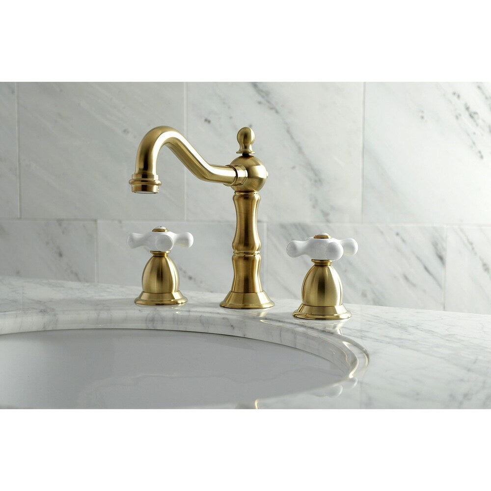 Victorian Polished Cross 8 in. Widespread 2-Handle Bathroom Faucet in Satin Brass