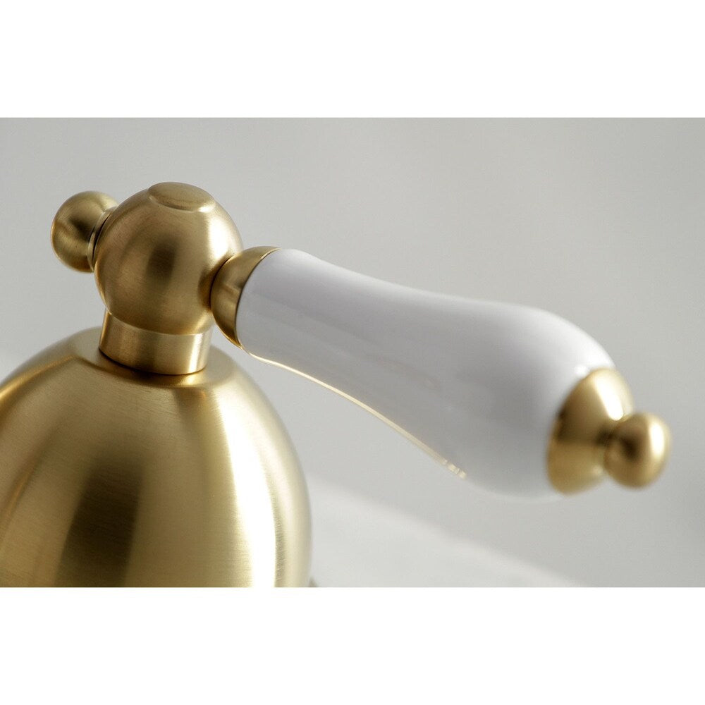Robinet de salle de bain à levier en porcelaine Restoration de 8 po à 2 poignées en laiton satiné