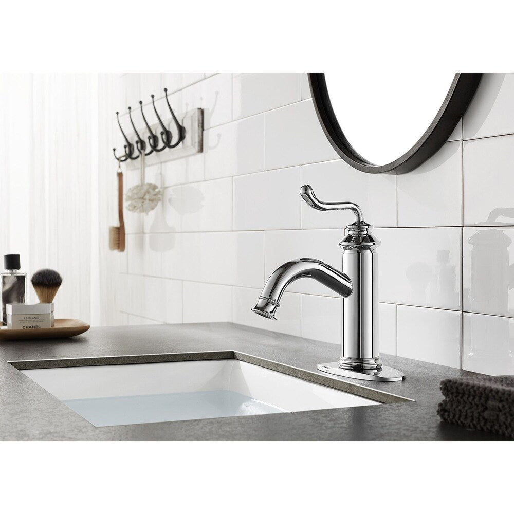 Robinet de salle de bain moderne à un trou et à une poignée à arc élevé en chrome poli
