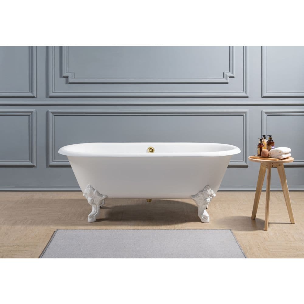 69" Cast Iron R5001WH-GLD Soaking Clawfoot Tub and Tray with External Drain