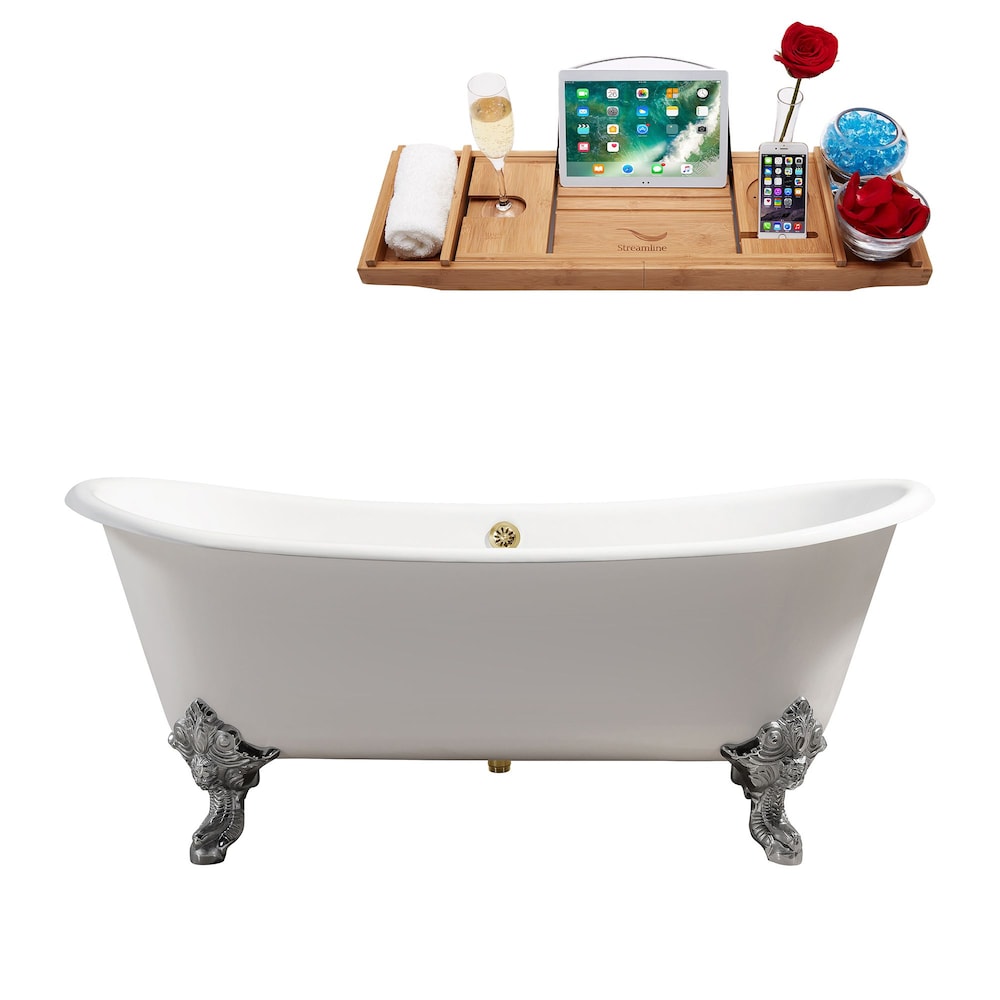 72" Cast Iron R5020CH-GLD Soaking Clawfoot Tub and Tray with External Drain