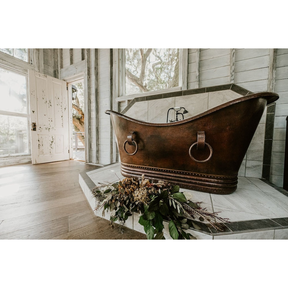 67 in. Copper Double Slipper Bathtub With Rings in Oil Rubbed Bronze