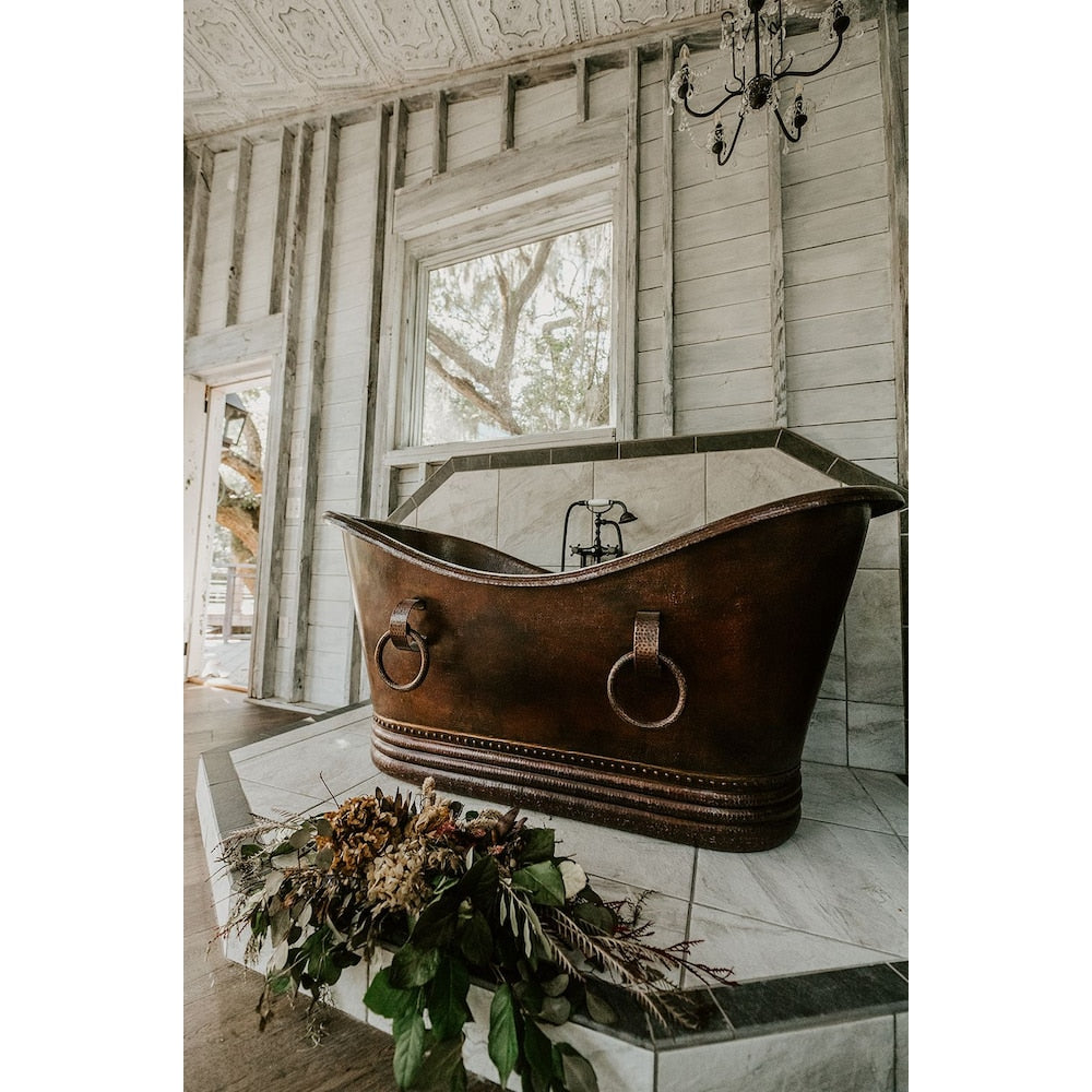 67 in. Copper Double Slipper Bathtub With Rings in Oil Rubbed Bronze