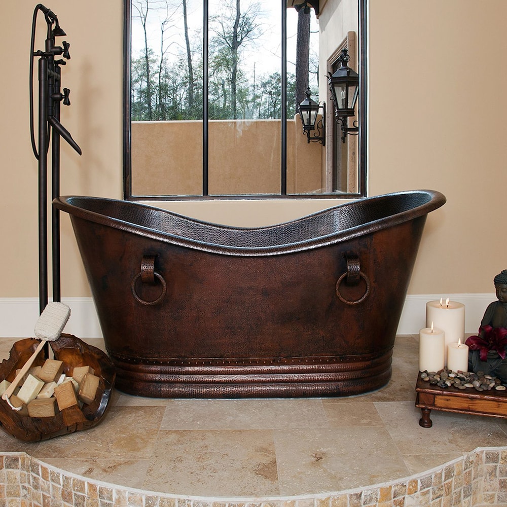 67 in. Copper Double Slipper Bathtub With Rings in Oil Rubbed Bronze