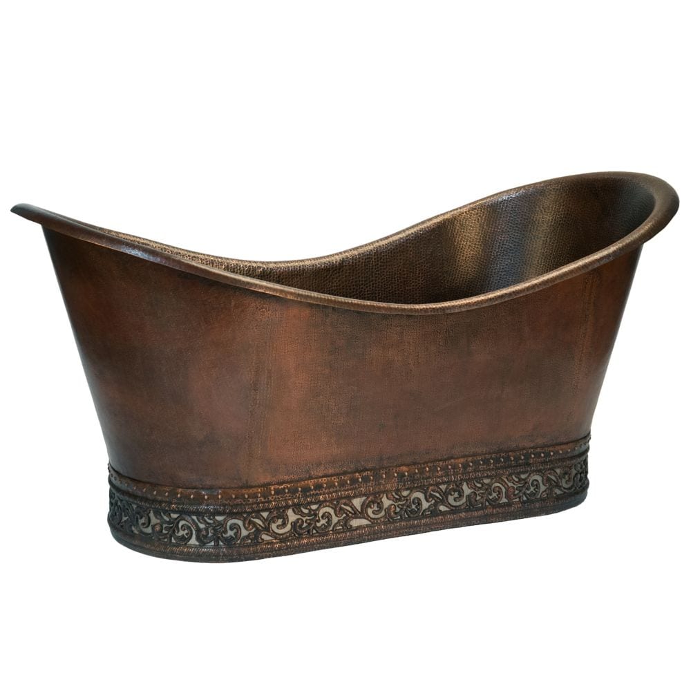 Baignoire à deux bacs en cuivre de 67 po en bronze huilé avec base à volutes et incrustations de nickel